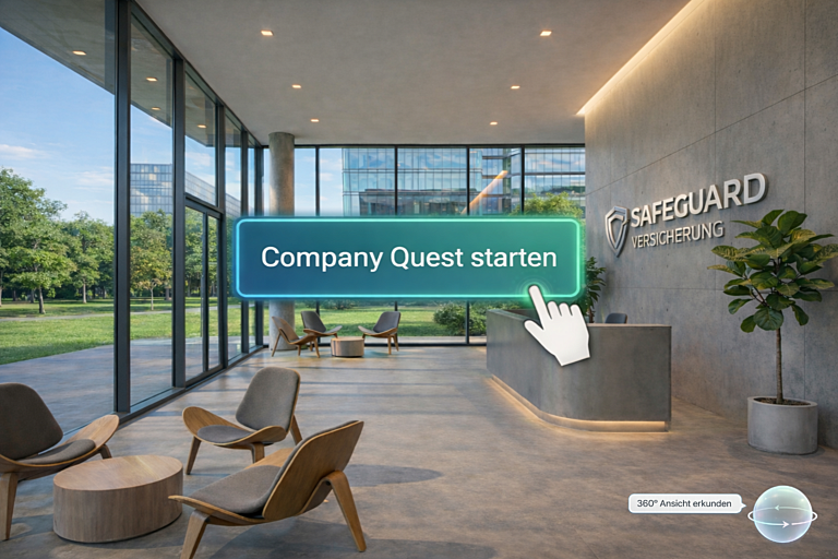 Das Bild zeigt den Startbildschirm des Spiels "CompanyQuest", das ein digitales Business Escape Game ist. Hinter dem Startbutton zeigt sich eine moderne Eingangshalle eines Unternehmens mit einer Theke, Stühlen und Pflanzen.