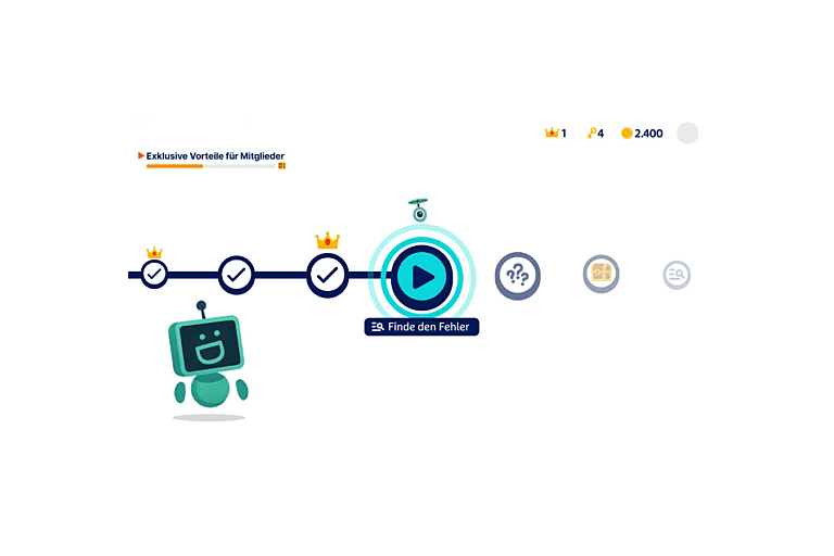 Spieleransicht der eLearning-Gamification-Lösung im Hauptmenü. Man Sicht einen kleinen Roboter-Avatar, die Missionen und eine Drohne, sowie die aktuelle Punktzahl des Spielers.