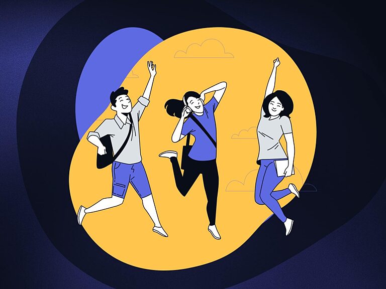 Illustration von drei fröhlichen jungen Menschen, die ausgelassen springen – Symbol für Motivation, Teamgeist und ein gelungenes Onboarding-Erlebnis.