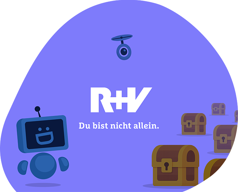 Eine Vorschau des Serious Games der R+V Versicherung mit einem Roboter, Schatztruhen und dem Logo der R+V Versicherung sowie dem Schriftzug "Du bist nicht allein."
